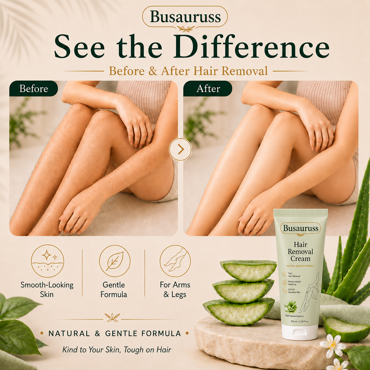 Busauruss™ Natural Gentle Hair Removal Cream | For Women & Men, Sensitive Skin