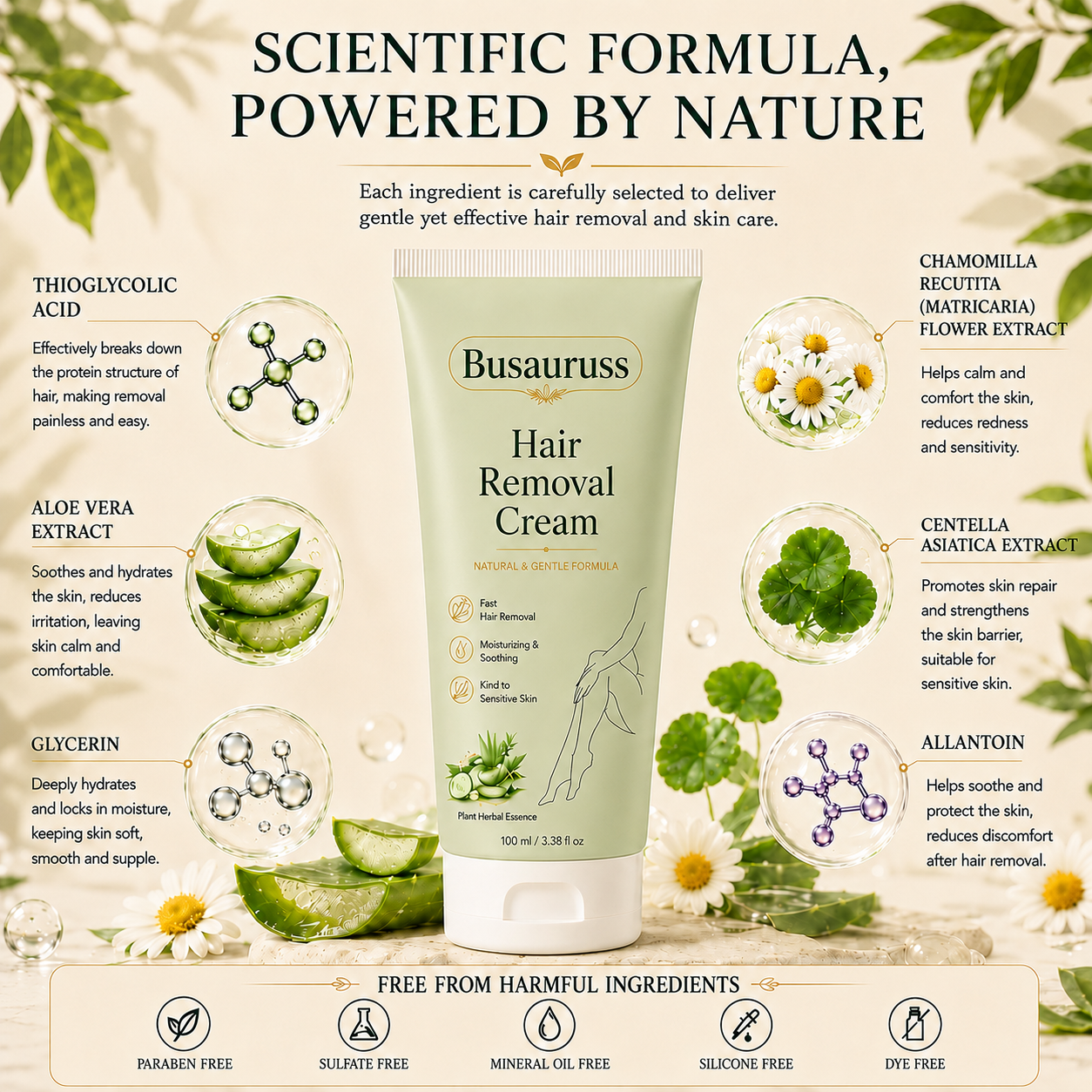 Busauruss™ Natural Gentle Hair Removal Cream | For Women & Men, Sensitive Skin