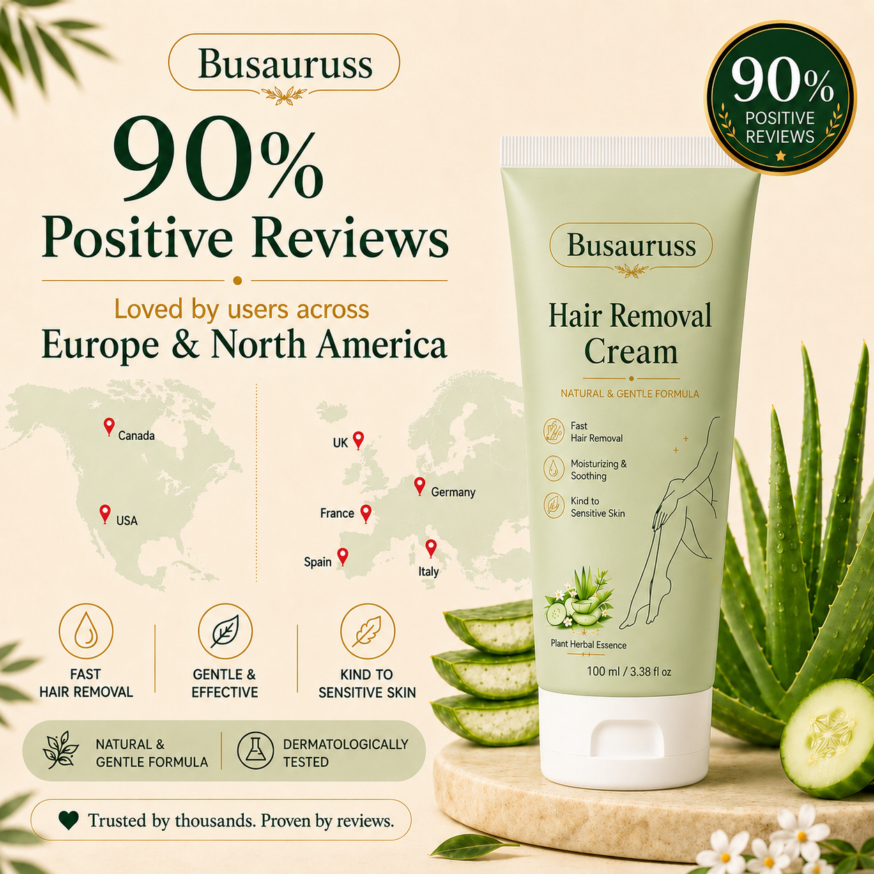 Busauruss™ Natural Gentle Hair Removal Cream | For Women & Men, Sensitive Skin